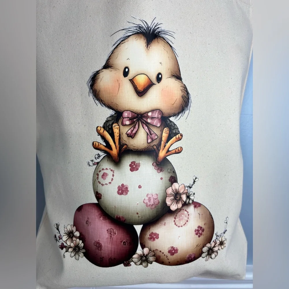 Cute Chick Tote Bag with Floral Eggs Cream Pink Easter Vibes Groceries Handmade